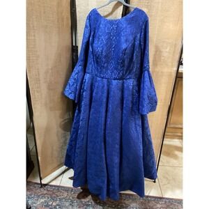 HZWL Royal Blue Lace Bell Sleeve Fit Flare Maxi Dress Elegant Evening Gown